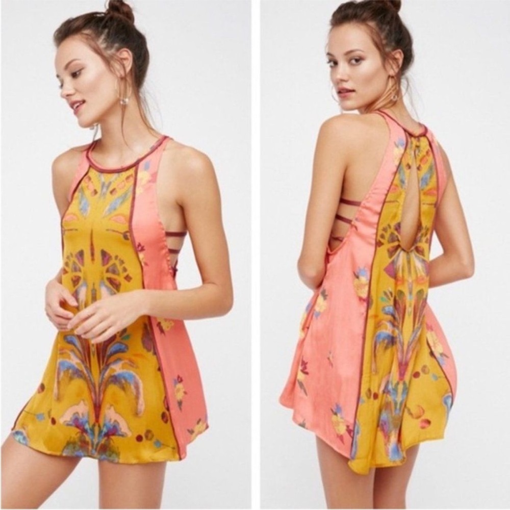 Free People Yellow and Pink Printed Mini Dress